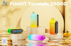 Fumot Tornado vape with 20,000 puffs, featuring 4 flavors on a light yellow and golden background showcasing its features.