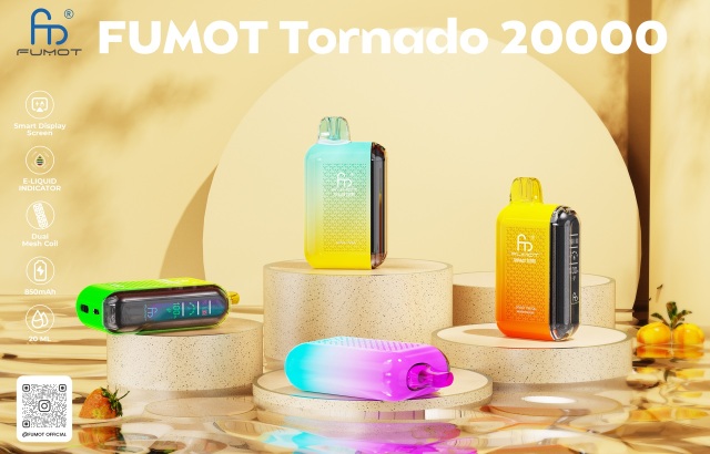 Fumot Tornado vape with 20,000 puffs, featuring 4 flavors on a light yellow and golden background showcasing its features.