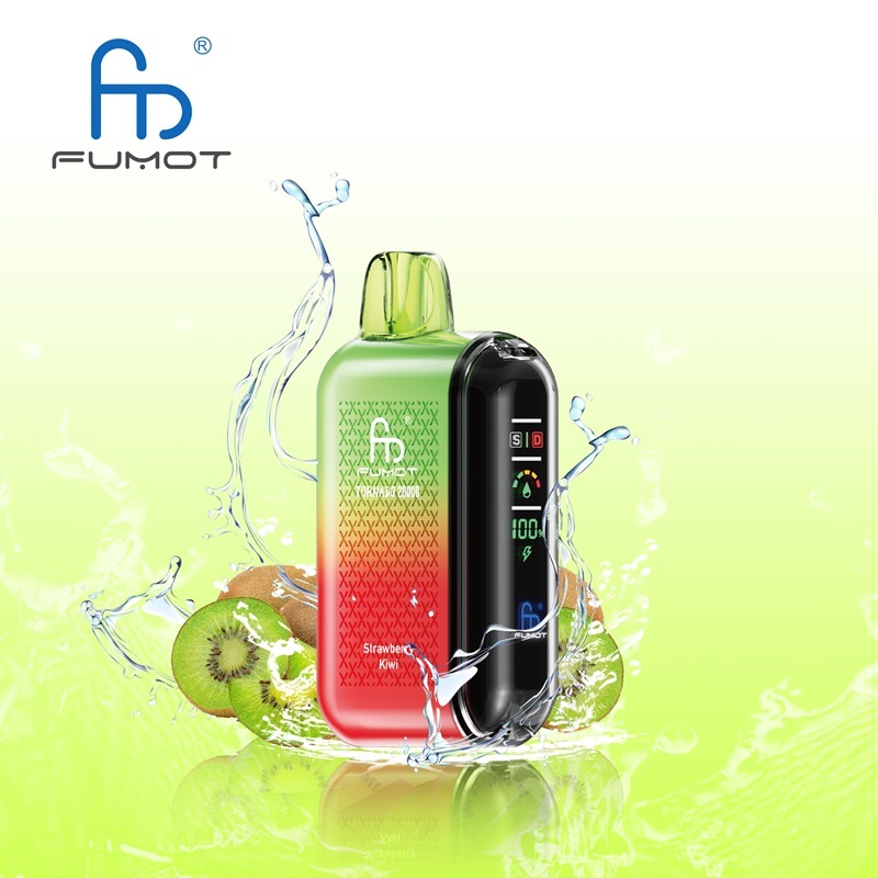 A Fumot Tornado 20,000 puffs vape with Strawberry Kiwi flavor alongside the splash of water and Strawberry, Kiwi.