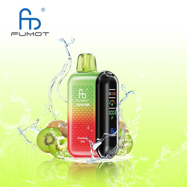 A Fumot Tornado 20,000 puffs vape with Strawberry Kiwi flavor alongside the splash of water and Strawberry, Kiwi.