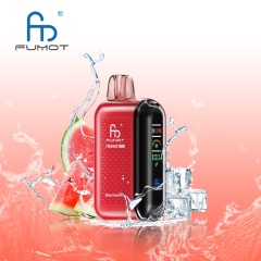 A Fumot Tornado 20,000 puffs vape with Watermelon flavor alongside the splash of water and watermelon.