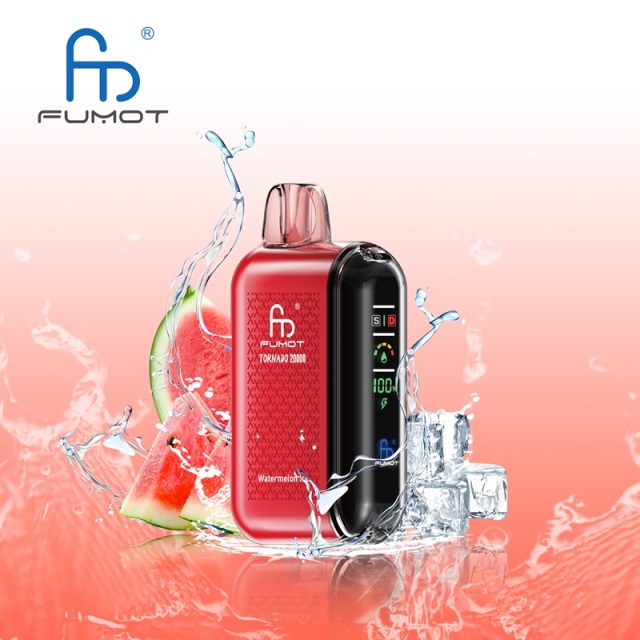 A Fumot Tornado 20,000 puffs vape with Watermelon flavor alongside the splash of water and watermelon.