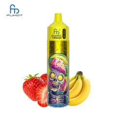 Colorful Vape featuring a skull design, labeled Fumot Tornado 30K Music, with Strawberry Banana flavor on a white background.