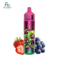Fumot Tornado 30K Music vape with a skull, showcasing Strawberry Grape flavor next to berries on a white backdrop.