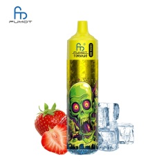Colorful Vape featuring a skull design, labeled Fumot Tornado 30K Music, with Strawberry Ice flavor on a white background.