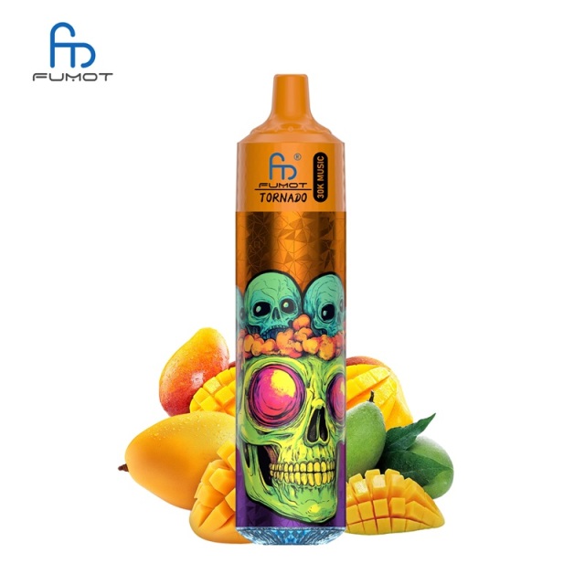 Fumot Tornado 30K Music vape with a skull and mango illustration, set against a white background.