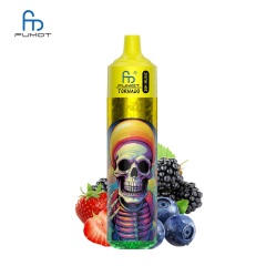 Colorful e-liquid bottle featuring a skull design, labeled Fumot Tornado 30K Music, with Vimto flavor on a white background.