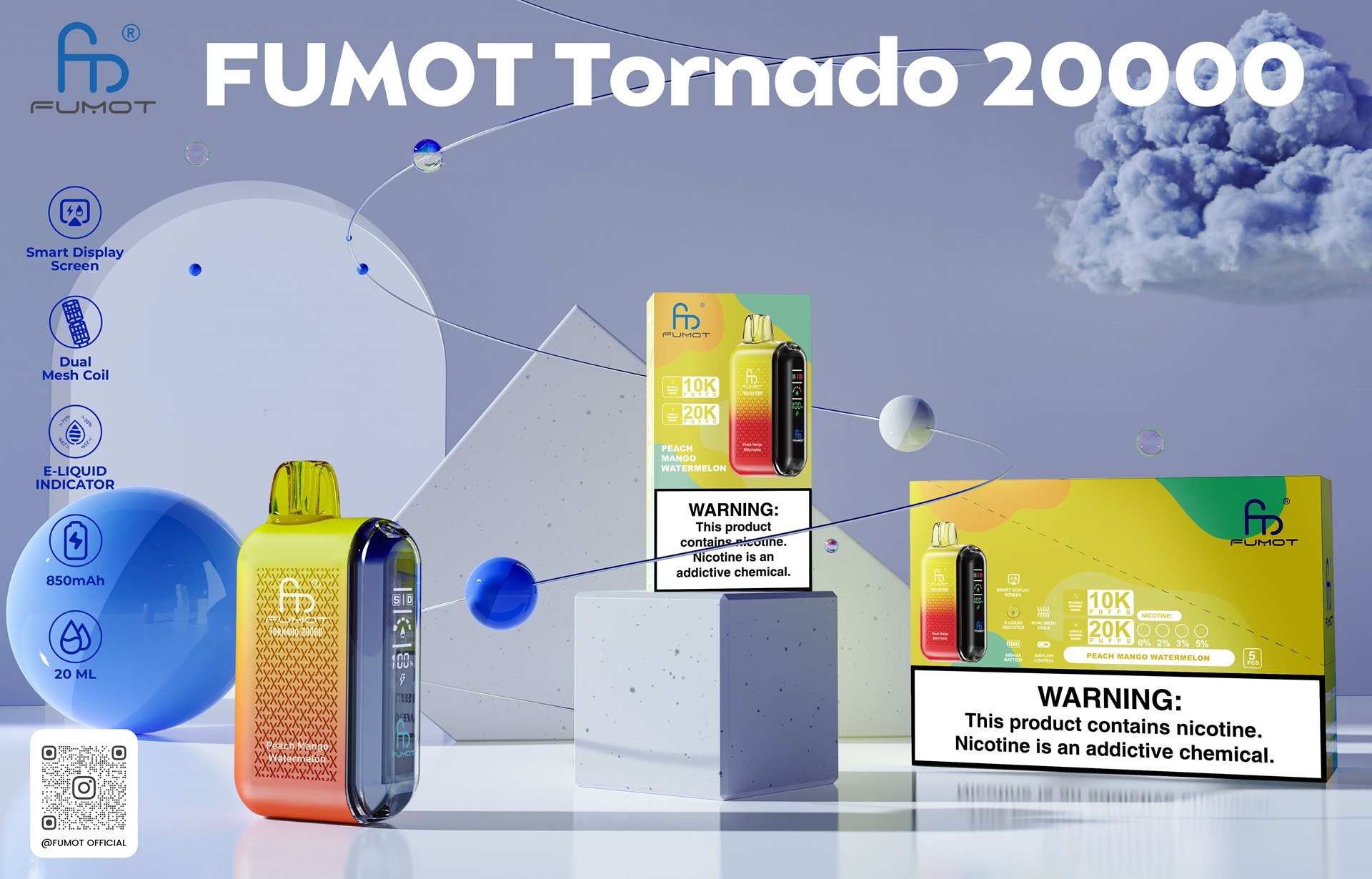 Fumot Tornado 2000 vape box displayed on a colorful grey and light blue background, highlighting its features and packaging.