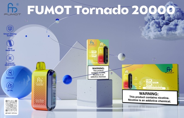 Fumot Tornado 2000 vape box displayed on a colorful grey and light blue background, highlighting its features and packaging.