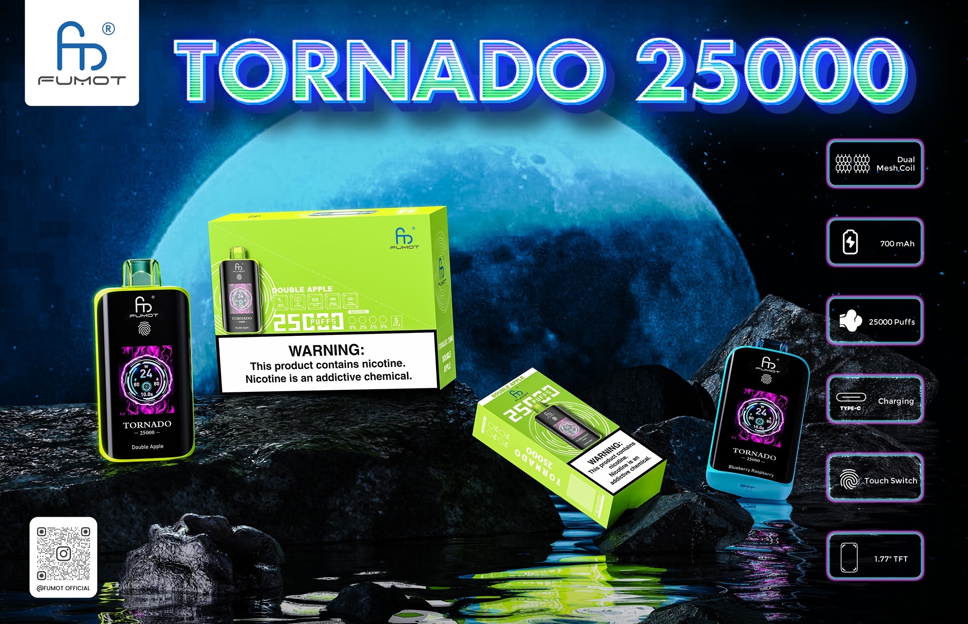 Fumot Tornado 25,000 vape with features displayed, set against a moonlit background and water below.