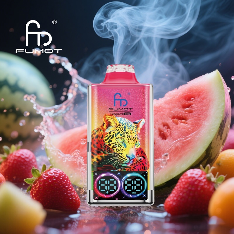 A watermelon and strawberry adorned with a tiger, surrounded by fruit, alongside a blue vape with smoke, highlighting strawberry watermelon flavor.