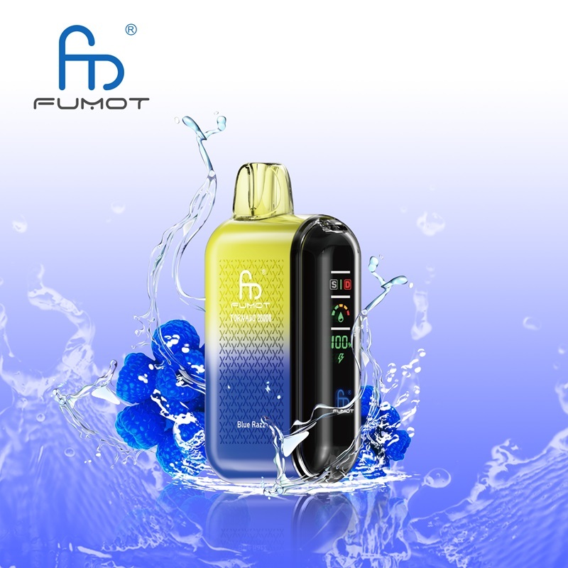 A Fumot Tornado 20,000 puffs vape with Blue Razz flavor alongside the splash of water and blueberries.