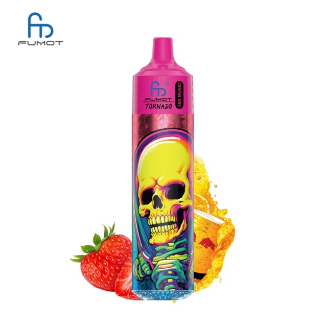 Colorful vape featuring a skull design, labeled Fumot Tornado 30K Music, with strawberry Red Bull flavor on a white background.