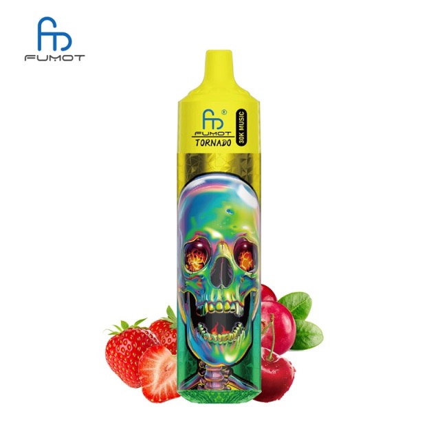 Colorful e-liquid bottle featuring a skull design, labeled Fumot Tornado 30K Music, with Strawberry Peach flavor on a white background.