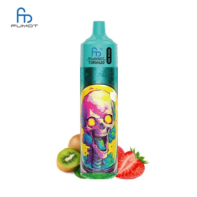 Colorful e-liquid bottle featuring a skull design, labeled Fumot Tornado 30K Music, with Strawberry Kiwi flavor on a white background.