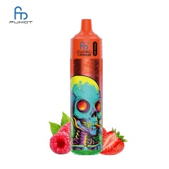Colorful e-liquid bottle featuring a skull design, labeled Fumot Tornado 30K Music, with Strawberry Raspberry flavor on a white background.