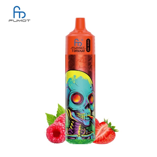 Colorful e-liquid bottle featuring a skull design, labeled Fumot Tornado 30K Music, with Strawberry Raspberry flavor on a white background.