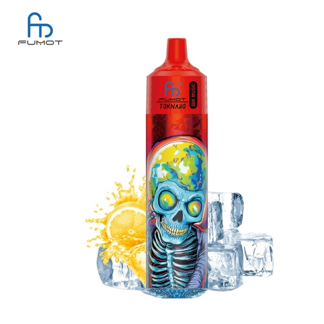 Colorful e-liquid bottle featuring a skull design, labeled Fumot Tornado 30K Music, with Ice Tea Lemon Ice flavor on a white background.