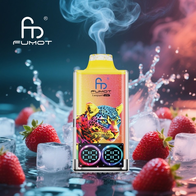 Colorful Fumot Leopard vape in blue, with smoke and strawberries in the background, showcasing strawberry ice flavor