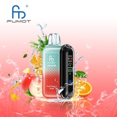 A Fumot Tornado 20,000 puffs vape with Peach Pineapple Orange flavor alongside the splash of water and peach, pineapple and orange.