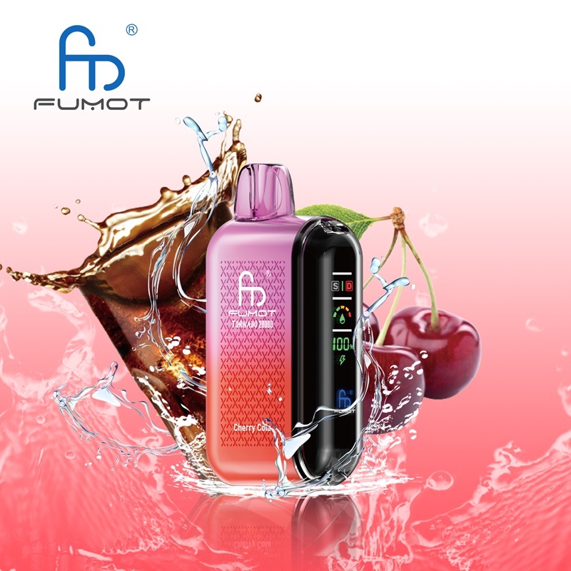 A Fumot Tornado 20,000 puffs vape with Cherry Cola flavor alongside the splash of water and cherries and cola.