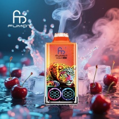 Fumot Leopard e-liquid box in blue, showcasing a jaguar, cherry ice flavor, and smoke swirling in the background.