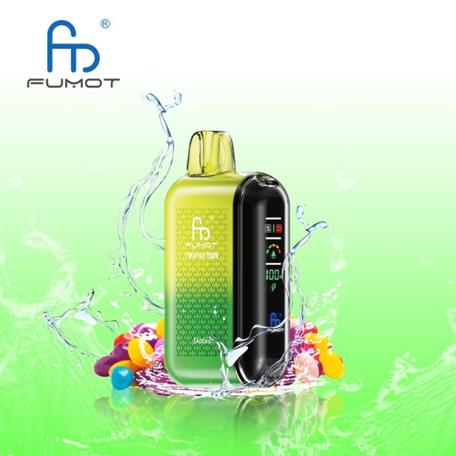A Fumot Tornado 20,000 puffs vape with Skittles flavor alongside the splash of water and skittles.