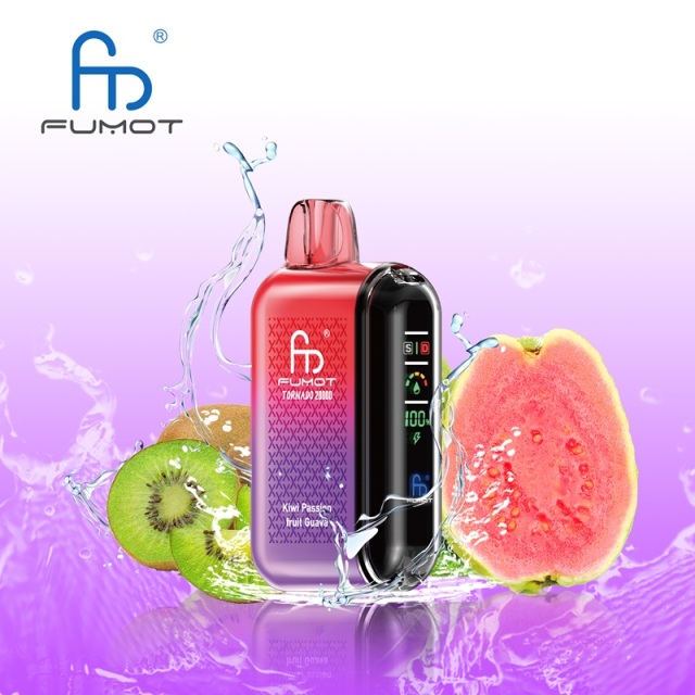 A Fumot Tornado 20,000 puffs vape with Kiwi Passion fruit Guava flavor alongside the splash of water and Kiwi, Passion fruit and Guava.