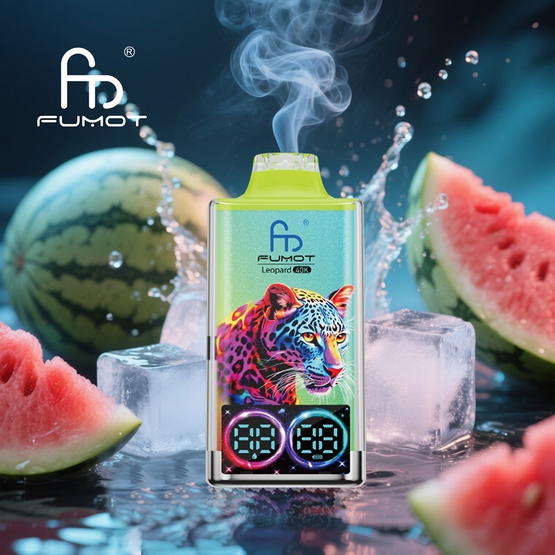 A watermelon and ice featuring a colorful tiger alongside a blue Fumot Leopard vape, with smoke and watermelon ice flavor in the scene.