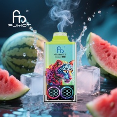 A watermelon and ice featuring a colorful tiger alongside a blue Fumot Leopard vape, with smoke and watermelon ice flavor in the scene.