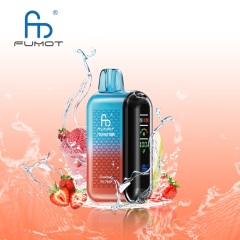 A Fumot Tornado 20,000 puffs vape with Strawberry Ice Cream flavor alongside the splash of water and Strawberry.