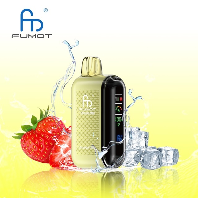 A Fumot Tornado 20,000 puffs vape with Strawberry Ice flavor alongside the splash of water and Strawberry and Ice.