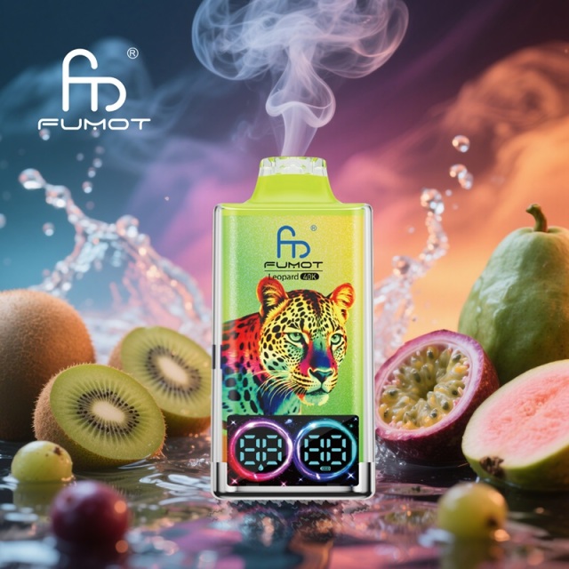 Fumot Leopard vape in blue, surrounded by kiwi, passion fruit, and guava, with smoke rising from the fruity e-liquid.