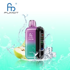 A Fumot Tornado 20,000 puffs vape with Pear Ice flavor alongside the splash of water and Pear and Ice.
