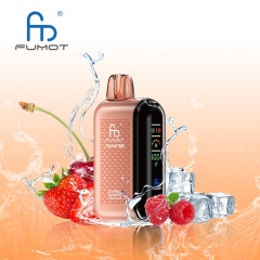 A Fumot Tornado 20,000 puffs vape with Strawberry, Raspberry and Cherry Ice flavor alongside the splash of water and strawberry, raspberry, cherry and ice.