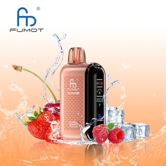 A Fumot Tornado 20,000 puffs vape with Strawberry, Raspberry and Cherry Ice flavor alongside the splash of water and strawberry, raspberry, cherry and ice.