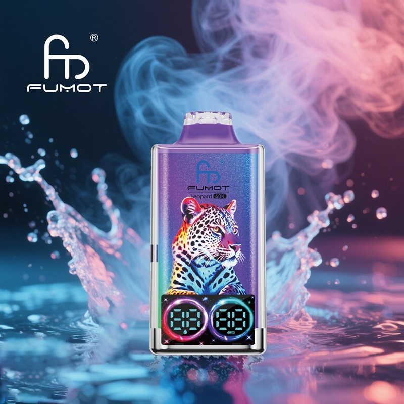 A leopard-themed purple electronic cigarette releasing smoke, surrounded by a colorful splash of pink and purple flavors.