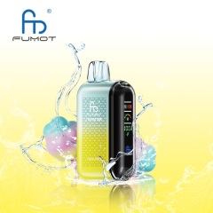 A Fumot Tornado 20,000 puffs vape with Cotton Candy flavor alongside the splash of water and Cotton Candy.