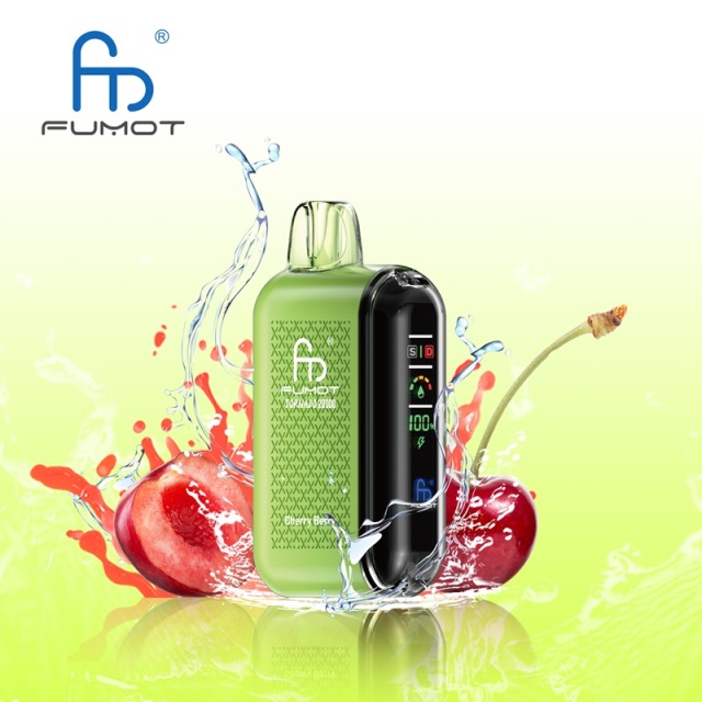 A Fumot Tornado 20,000 puffs vape with Cherry, Berry flavor alongside the splash of water and cherries and berries.