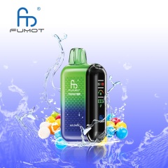 A Fumot Tornado 20,000 puffs vape with Jelly Beans flavor alongside the splash of water and Jelly Beans.