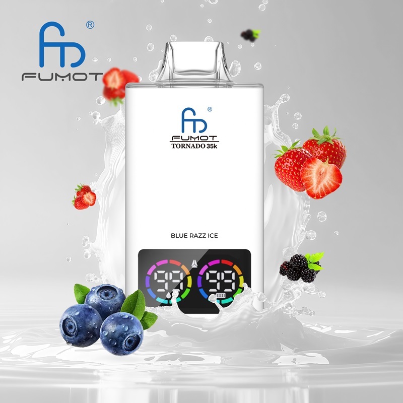 Fumot Tornado vape in white, featuring blue razz ice, with fresh berries and a splash of water in the background.