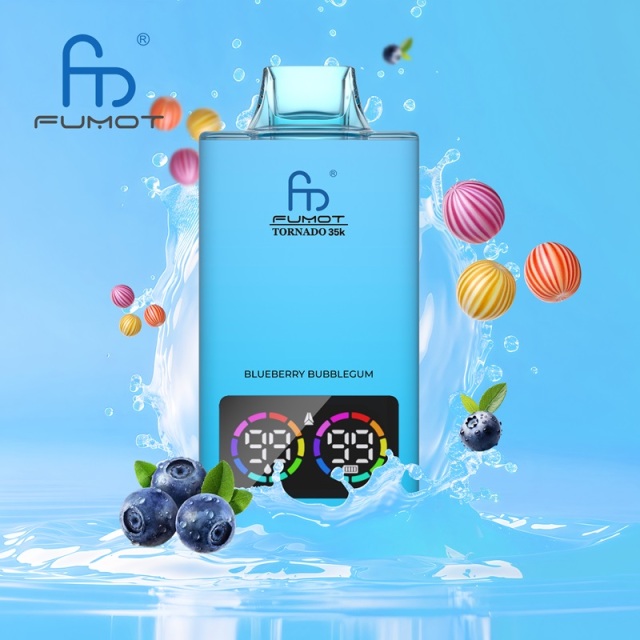 Fumot Tornado vape in light blue, featuring blueberry bubblegum flavor, with blueberries and bubblegums and a splash of water in the background.