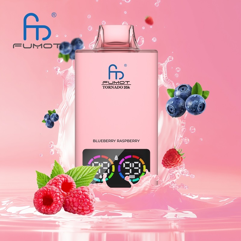 Fumot Tornado vape in light pink, featuring blueberry, raspberry flavor, with blueberry, raspberry and a splash of water in the background.
