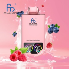 Fumot Tornado vape in light pink, featuring blueberry, raspberry flavor, with blueberry, raspberry and a splash of water in the background.