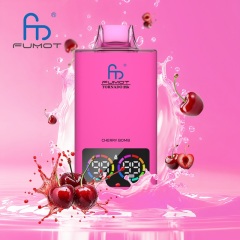 Fumot Tornado vape in bright pink, featuring cherry bomb flavor, with fresh cherries and a splash of water in the background.