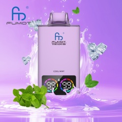 Fumot Tornado vape in white, featuring cool mint flavor, with mint and a splash of water in the background.
