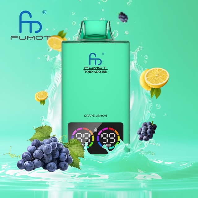 Fumot Tornado vape in geen , featuring grape lemon flavor, with grapes and lemons and a splash of water in the background.
