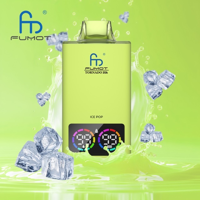 Fumot Tornado vape in yellow green, featuring ie pop flavor, with ice and a splash of water in the background.