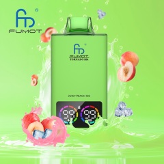 Fumot Tornado vape in parrot green , featuring juicy peach ice flavor, with peaches and a splash of water in the background.