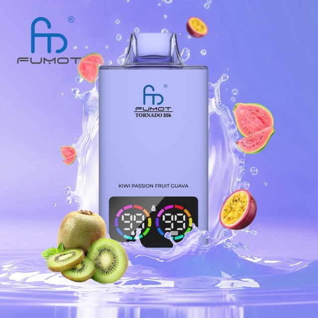 Fumot Tornado vape in light purple, featuring kiwi passion fruit guava flavor, with kiwi, passion fruit and guava and a splash of water in the background.